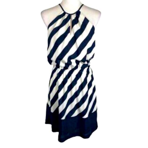 Express Navy Blue Cream Diagonal Stripe Sashed Nautical Coastal Halter Dress NEW - Picture 2 of 16